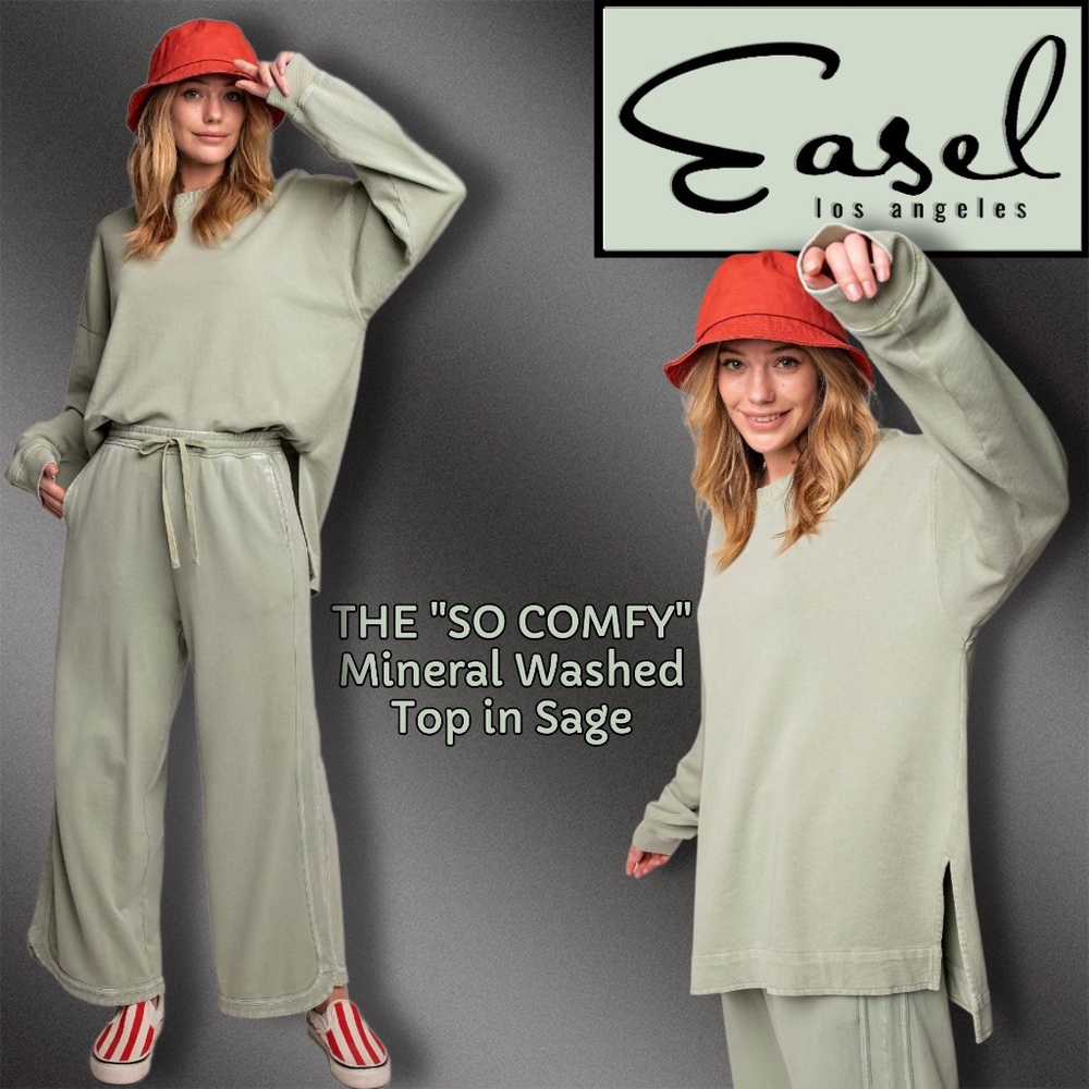 EASEL "So Comfy" Mineral Washed Tunic Top in Sage Statement Side Slits Crew Neck